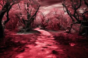 vibrant red forest path painting. Generative AI