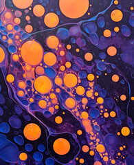 Orange yellow, dark blue and dark purple bubble oil. Full frame of multi size oil droplet. Generative AI.