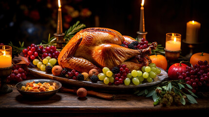 Fototapeta na wymiar Roasted turkey garnished with cranberries on a rustic style table. Generative Ai