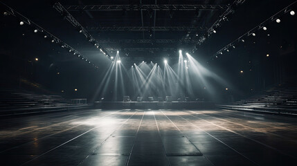 Empty stage with spotlights in the dark.