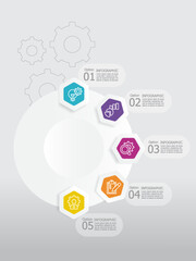 vertical round hexagon steps timeline infographic element report background with business line icon 5 steps