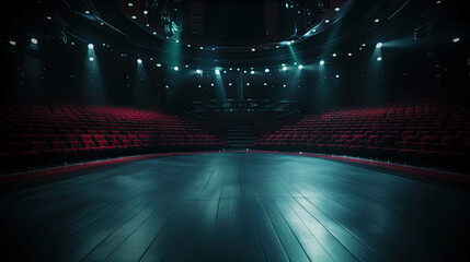 Empty cinema auditorium with red seats and spotlights.