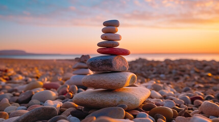 Fototapeta na wymiar Stack zen stones on pebble beach. Generative Ai
