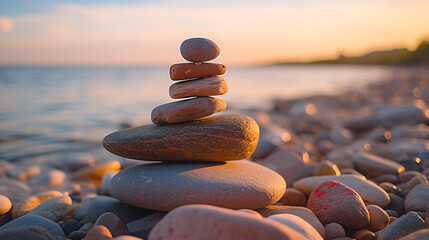 Stack zen stones on pebble beach. Generative Ai