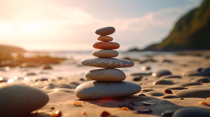 Stack zen stones on pebble beach. Generative Ai