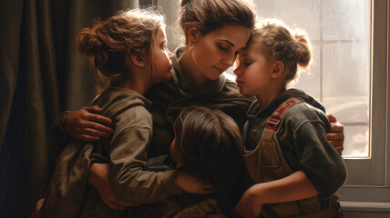 mother hugging her children