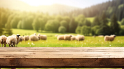 The empty wooden brown table top with blur background of farm and barn. Exuberant image. Generative Ai