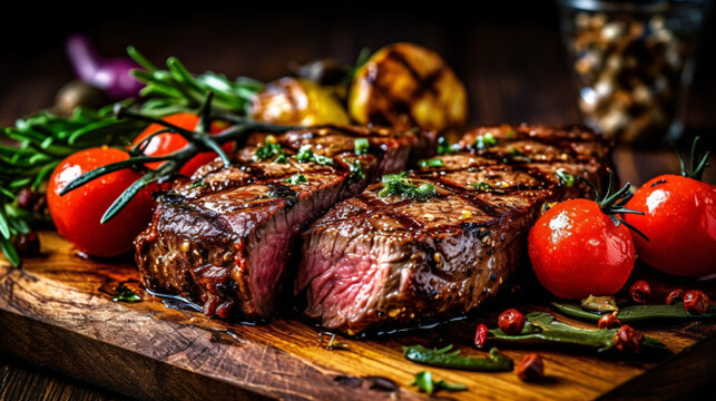 Succulent thick juicy portions of grilled fillet steak served with tomatoes and roast vegetables on an old wooden board. Generative AI