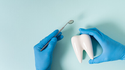 Dental treatment concept. Dental offers free treatment. White tooth model on a doctor's palm on a blue background with copy space, close-up. Teeth care, tooth extraction, implant concept.