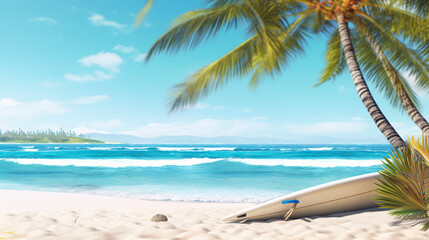 Obraz na płótnie Canvas Panoramic view of beautiful tropical beach with palms and sea. Generative Ai