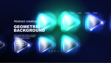 Abstract background landing page, glass geometric shapes with glowing neon light reflections, energy effect concept on glossy forms