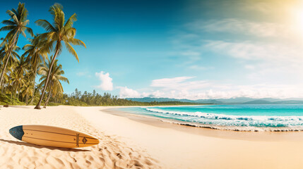 Fototapeta na wymiar Panoramic view of beautiful tropical beach with palms and sea. Generative Ai