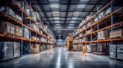 Typical storage, warehouse interior. Selective focus. Toned collage. Wide panoramic image. Industrial background. Generative Ai