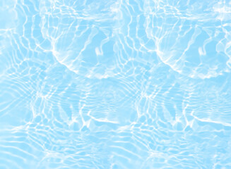 Blue water with ripples on the surface. Defocus blurred transparent blue colored clear calm water surface texture with splashes and bubbles. Water waves with shining pattern texture background.