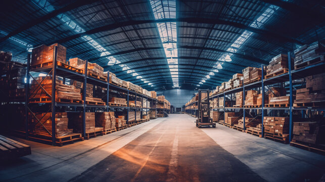 Typical storage, warehouse interior. Selective focus. Toned collage. Wide panoramic image. Industrial background. Generative Ai