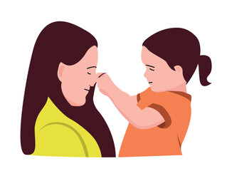 Mother playing with her kid daughter holding her and hugging cute simple flat drawing for business postcards