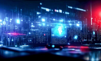 Electronic cyber warfare illustration with powerful computer, quantum physics, computing, secret war, virus attack, IA generative