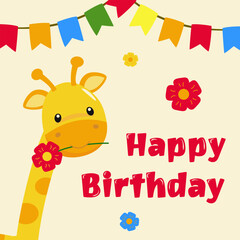 Greeting card with a cheerful giraffe. Happy birthday. Vector illustration.