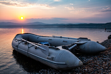 Rubber boat on the shore of the scenic coast against the backdrop of sunset