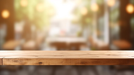 Wooden board empty table in front of blurred background. Generative Ai