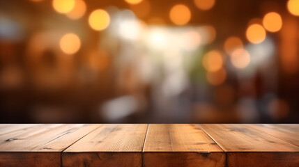 Wooden board empty table in front of blurred background. Generative Ai