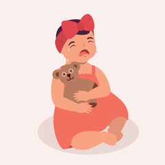 One Little Baby Girl With Teddy Bear Crying In Tears And Sitting On Floor. Full Length. Flat Design Style, Character, Cartoon.