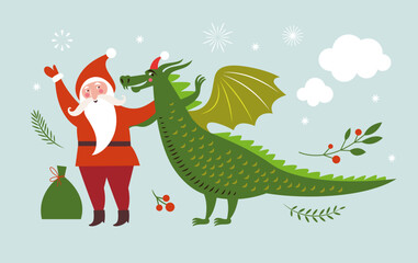 Cute Dragon and Santa. Christmas illustration.New Year of the green Dragon on the eastern calendar. Greeting card