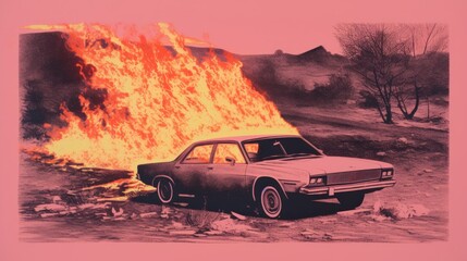 Obraz na płótnie Canvas Car on fire in retro style. Generative AI