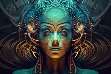 surreal symmetrical portrait of a futuristic woman with biomechanical ornaments, fictional person created with generative ai