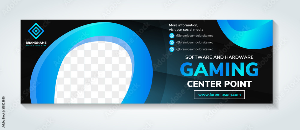 Aufkleber software and hardware gaming banner design web template. horizontal header web banner. gradient blue