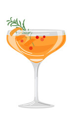 Vector illustration of an orange cocktail with red berries and a straw on a white background in a flat style. Suitable for menu design, food stickers, scrapbooking.