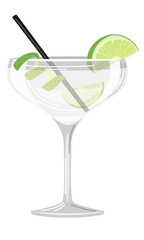 Vector illustration of an orange cocktail with a slice of lime and a straw on a white background in a flat style. Suitable for menu design, food stickers, scrapbooking.