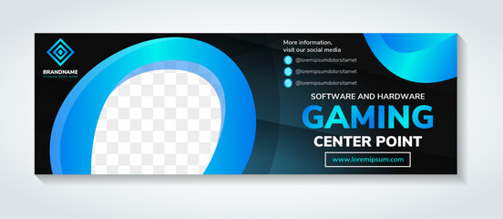 software and hardware gaming banner design web template. Horizontal header web banner. Gradient blue color. cover header background for website design, Social Media Cover ads banners, flyer with photo