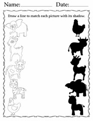Matching Activity Pages for Kids | Matching Activity Worksheets for Kindergarten | Match Animals to Their Shadows