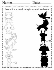 Fototapeta na wymiar Matching Activity Pages for Kids | Kindergarten Activity Worksheets for Fun | Match Animals to Their Shadows