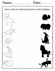 Matching Activity Pages for Kids | Matching Activity Worksheets for Children | Match Animals to Their Shadows