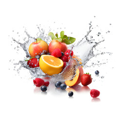 Fruit mix in water splash on white background. Generative AI