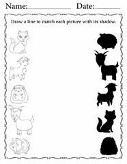 Printable Matching Activity sheet for Kids | Matching Activity Worksheets for Children | Match Animals to Their Shadows