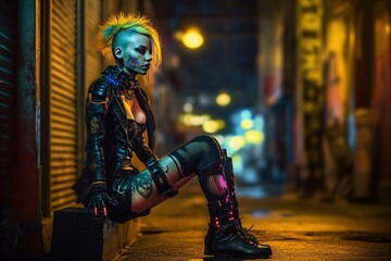a futuristic sad punk girl in the dark night