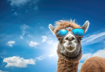 Funny camel with blue reflective lens sunglasses looking into camera, clear sunny sky background. Generative AI