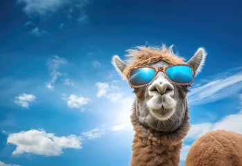 Fototapeten Funny camel with blue reflective lens sunglasses looking into camera, clear sunny sky background. Generative AI © Lubo Ivanko