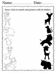 Matching Activity Pages for Kids | Matching Activity Worksheets for Critical Thinking | Match Animals to Their Shadows