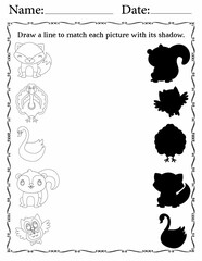 Printable Matching Activity Pages for Kids | Matching Activity Worksheets for Logical Thinking | Match Animals to Their Shadows