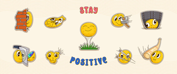 Stay positive. Sarcastic emoticons design. Emoji in different unpleasant situations. Vector template