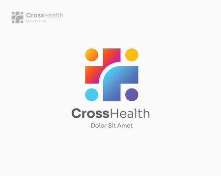 Creative colorful cross health with people logo gradient