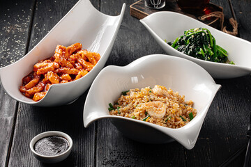 Closeup on asian lunch set on black background