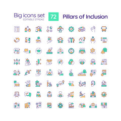Pillars of inclusion RGB color icons set. Equal opportunity. Anti discrimination. Sense of belonging. Isolated vector illustrations. Simple filled line drawings collection. Editable stroke