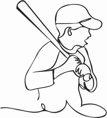 Dynamic Baseball Player Continuous Outline Drawing Holding Baseball Bat, Action-Packed Baseball, Striking Pose, Drawing of Player with Bat