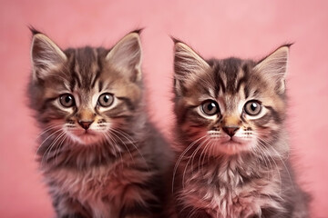 Fototapeta na wymiar Portrait of two fluffy tabby kittens on pink background close-up, created with Generative AI technology.