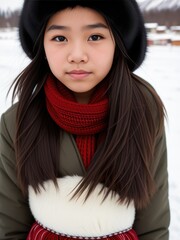 Eskimo or inuit teenager girl. Winter day. Portrait. Generative AI - obrazy, fototapety, plakaty